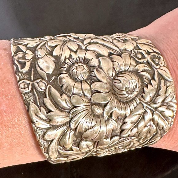 Floral Sterling Silver 925 Solid Cuff Bracelet Wide Victorian Antique Repurposed - Picture 7 of 10